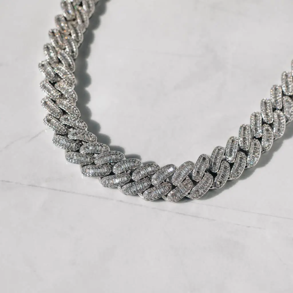 15mm Baguette Cuban Chain - White Gold - Image 5