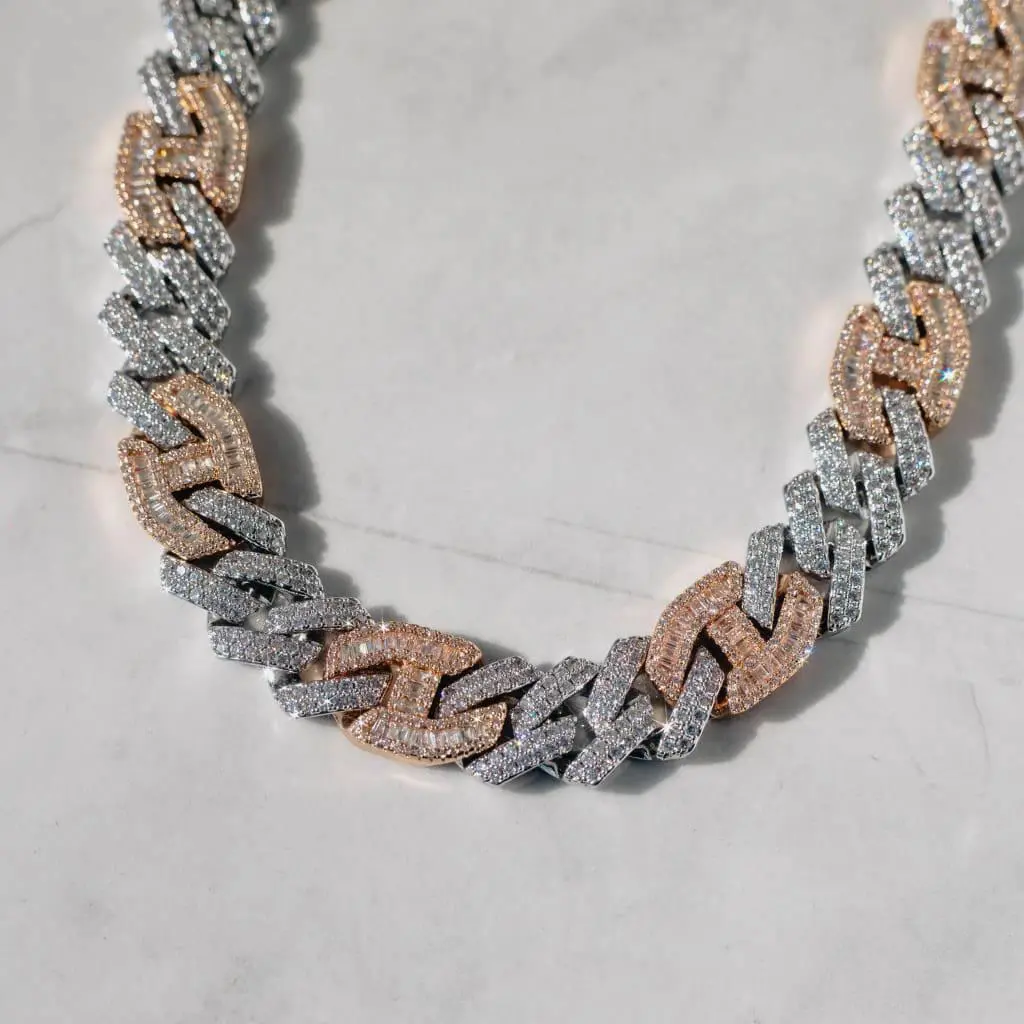 15mm Prong Baguette Cuff Chain - Two Tone - Image 4