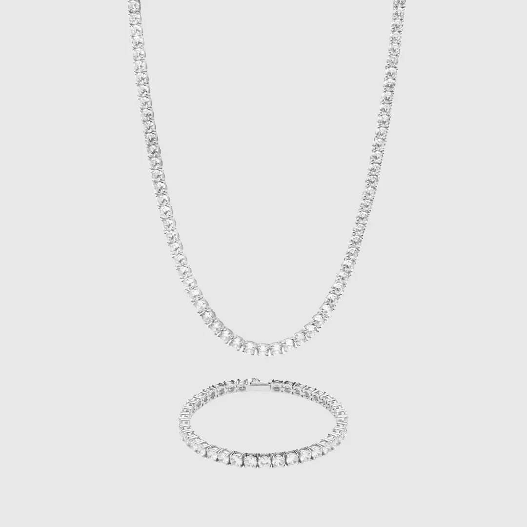 5mm Tennis Chain + Bracelet Bundle - White Gold - Image 2