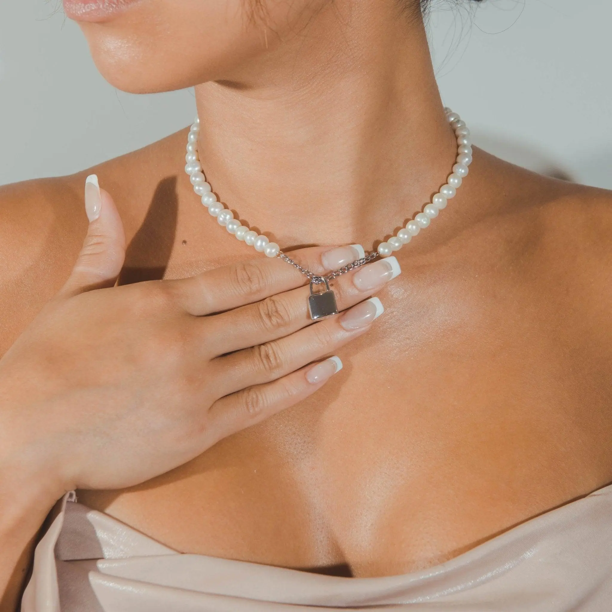 6mm Pearl + Padlock Necklace - Image 2