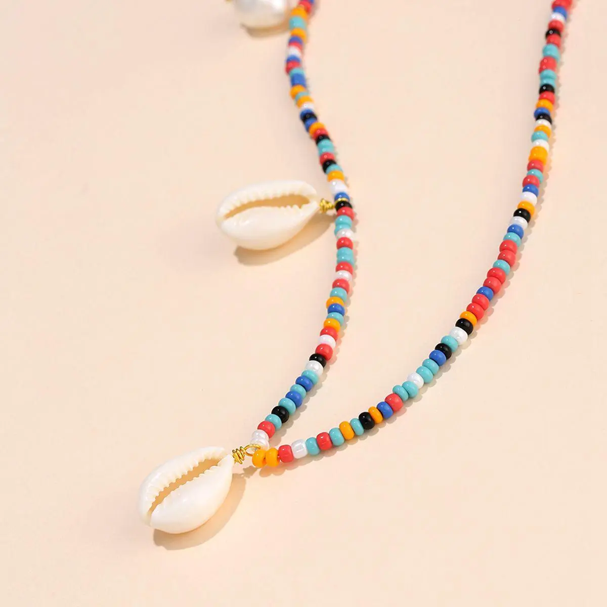 Colorful Beaded Shell Necklace with Handmade Braided Pearl Rice Beads - Gold - Image 4
