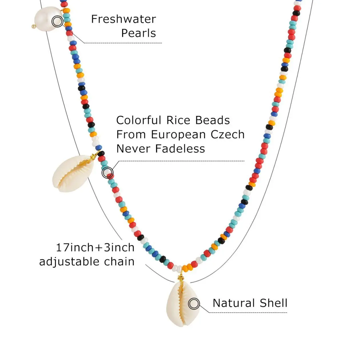 Colorful Beaded Shell Necklace with Handmade Braided Pearl Rice Beads - Gold - Image 7