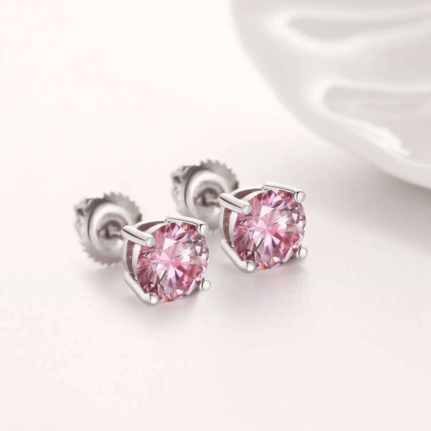PINK VVS ROUND 1CT EARRINGS   - White Gold Vermeil - Image 3